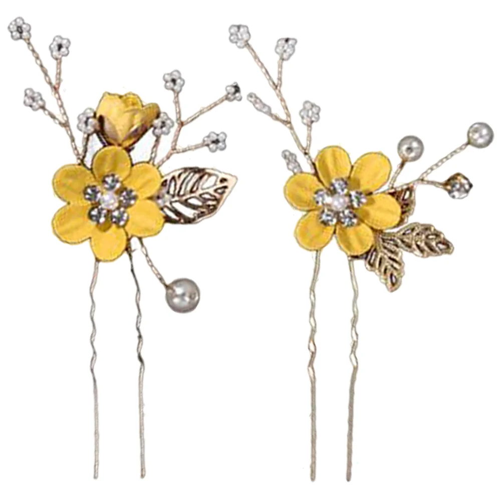 

2 Pcs U-shaped Hairpin Cloth Flower Hairpins Accessories Yellow Wedding Clips for Brides Alloy Headpiece Bridal Headgear