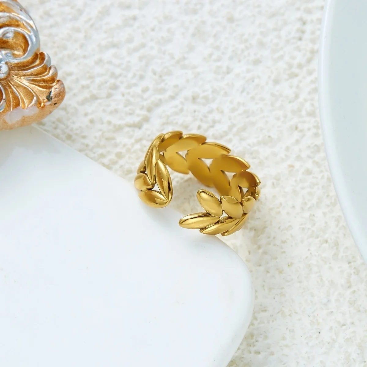 Edelstahl-Sonnen-Emaille-Blumen-Weizenblatt-Simulationsperlenringe für Damen und Herren, trendige, retro-inspirierte, geometrische Breitbandringe, Schmuck – Detail 28