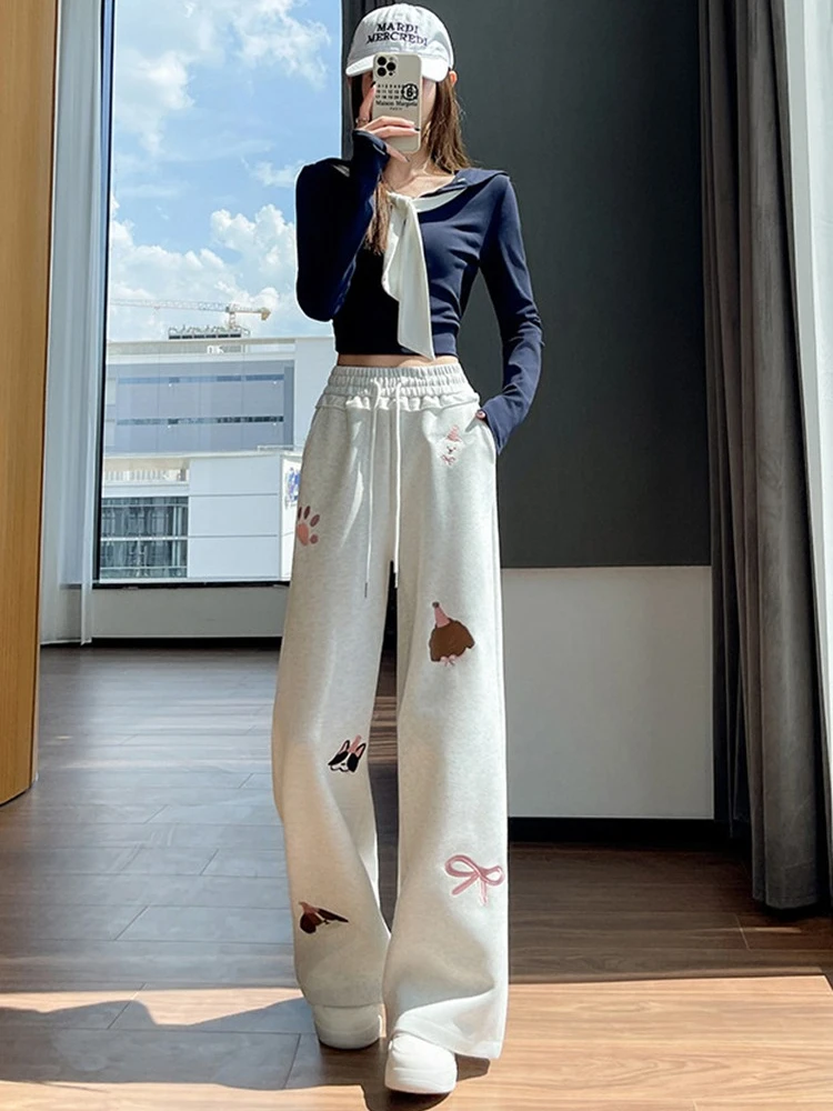 秋冬のレディースカジュアルストレートスポーツパンツ、厚手のドローストリング付き、伸縮性ウエスト、刺繍入りワイドレッグパンツ