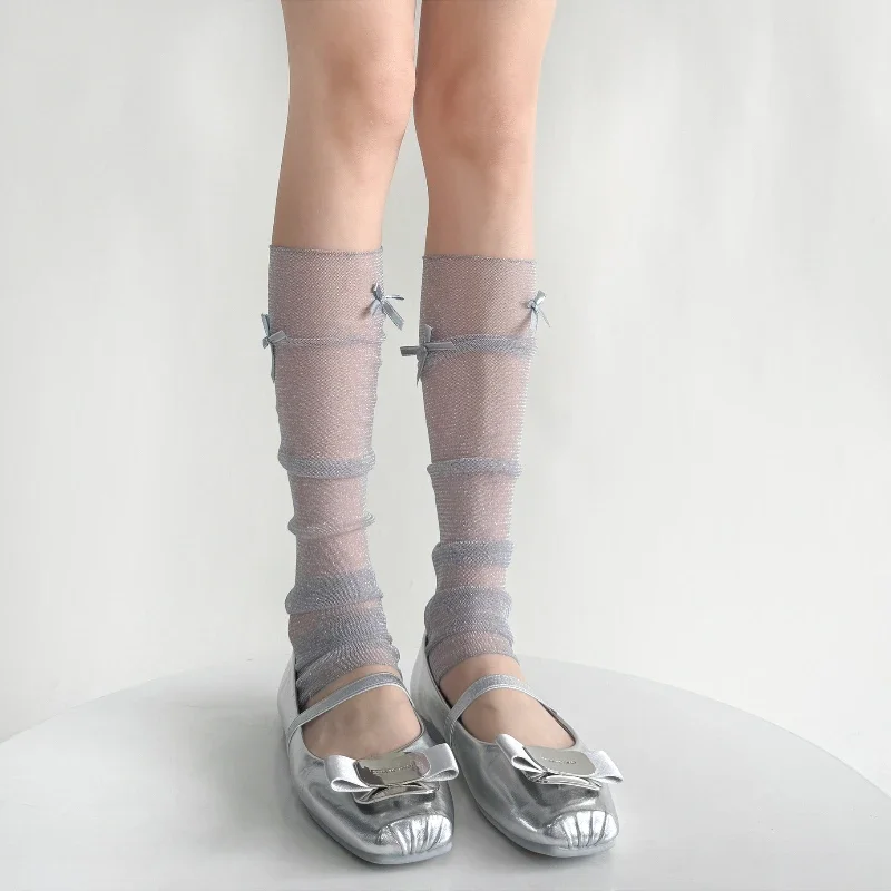Lolita Leg Warmers Women Mesh Thin Breathable Sun Protection Foot Cover Cute Bow Sweet Girls Leg Warmers Silver Silk Stockings