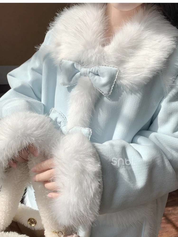 Japanese Style Elegant Sweet Girl Plush Loose Overcoat Patchwork Doll Collar Bow Loose Versatile Long Jackets Coat Women Winter
