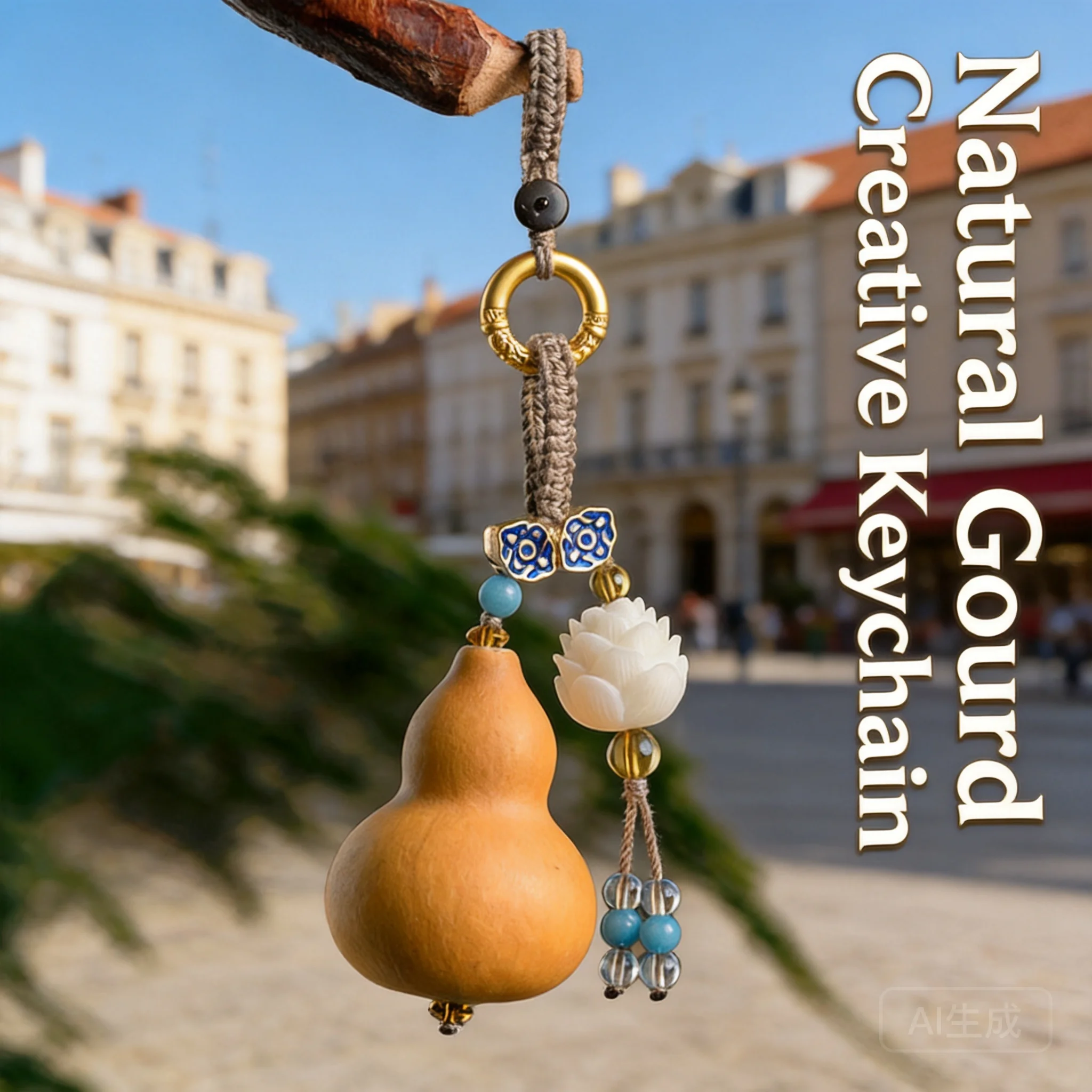 Natural Gourd Keychain Pendant Car Key Bag Hanging Ornament Handheld Decorative Charm With Lotus Bead For Men And Women Daily