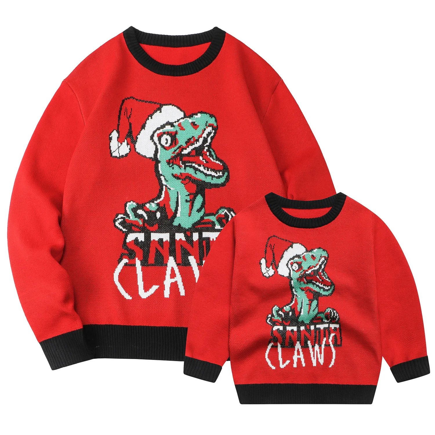 

2025 Winter Adults Kids Matching Sweater Dinosaur Funny Print Christmas Knitwear Full Sleeve O Neck Jumper Xmas Look Pullovers