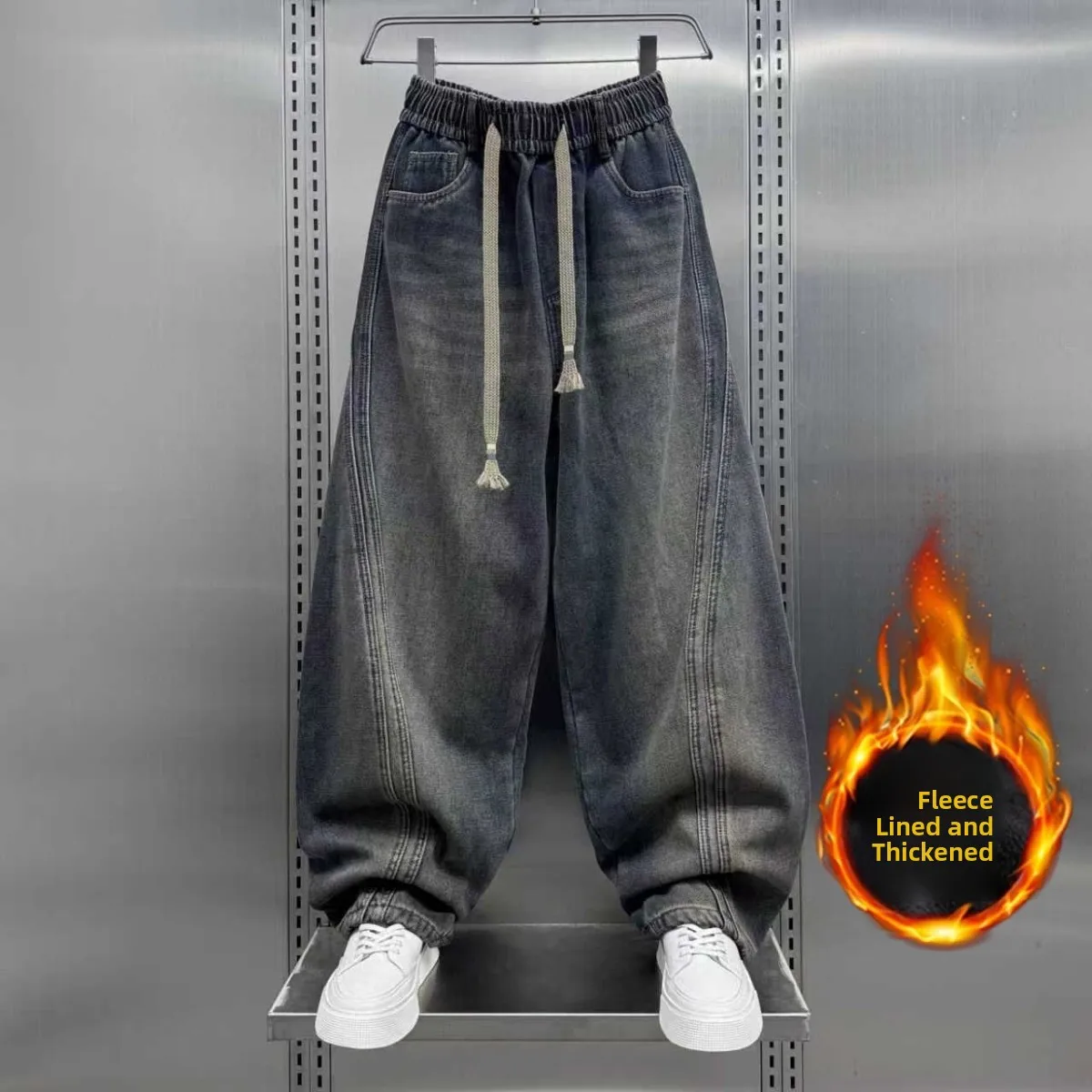 

Trendy Retro Color Block Fleece Lined Men's Straight Leg Harlan Jeans Spring Summer New Cone Shape Casual Cotton Polyester