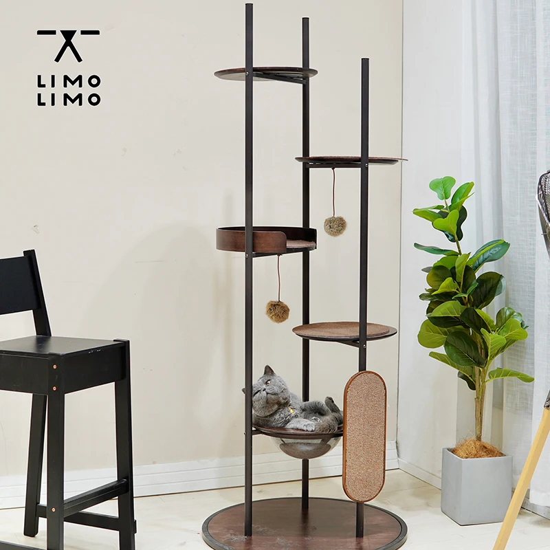 Minimalist design luxury solid wood metal strong cat climbing tree toy large cat tree