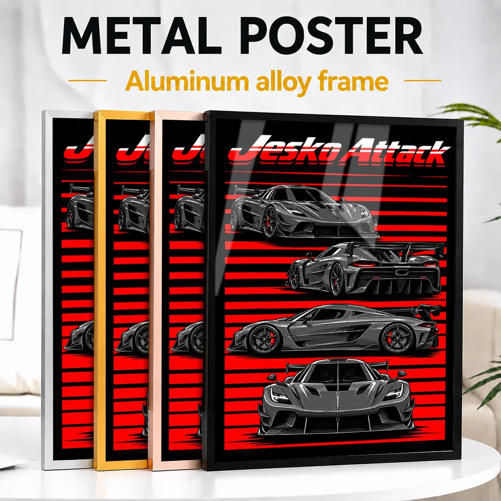 Swedish Jesko Attack Graphite Grey Supercar Metal Poster With Aluminum Alloy Frame Customized Speed Culture Wall Art For Studio