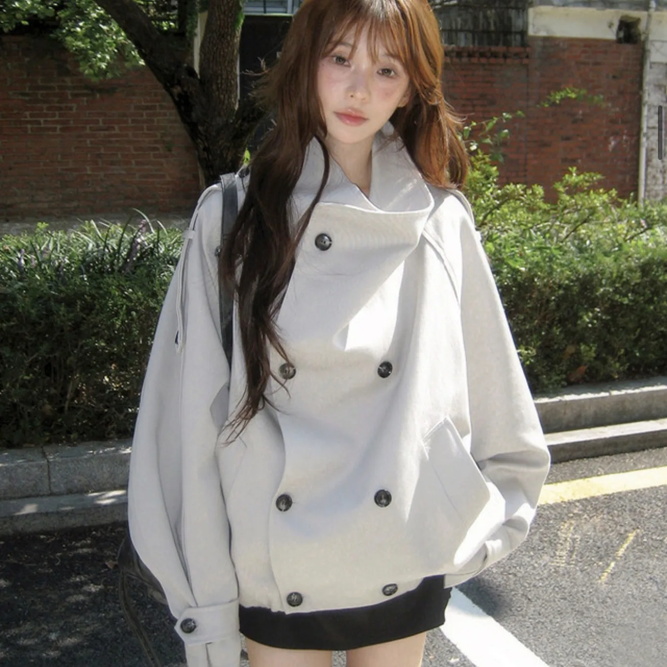 Early Autumn Loose Korean Style Chic Windbreaker Double Row Button Notched Collar Outfit for Small Figures Polyester Fiber