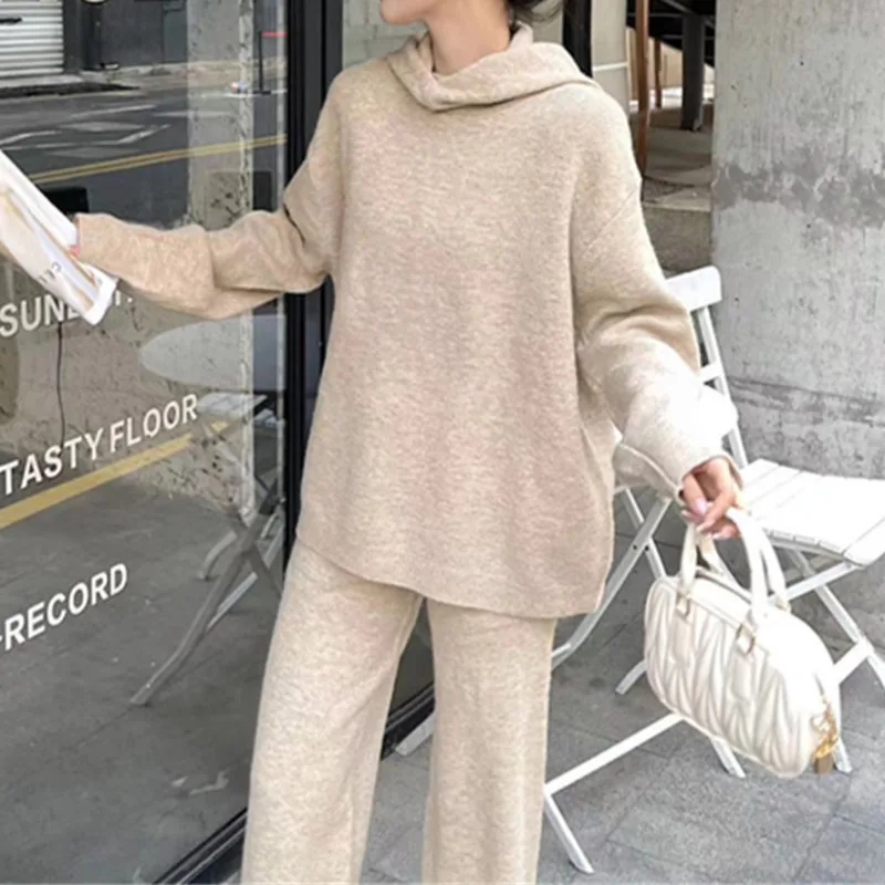 [EWQ] Hooded Long Sleeve Knitted Tops And Elastic Waist Trousers Solid Casual Women Set Clothing 2024 Autumn New Fashion 16O2740