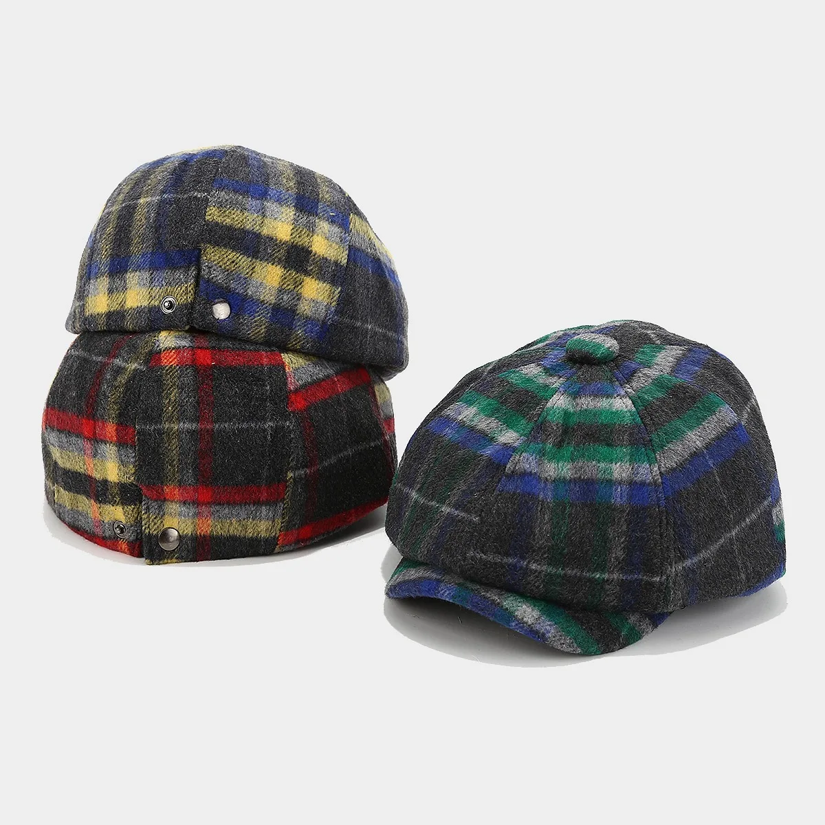 Autumn Winter Classic Plaid Woolen Octagonal Hat Women British Style Retro Painter Cap Men Casual Small Brimmed Duck Tongue Hat