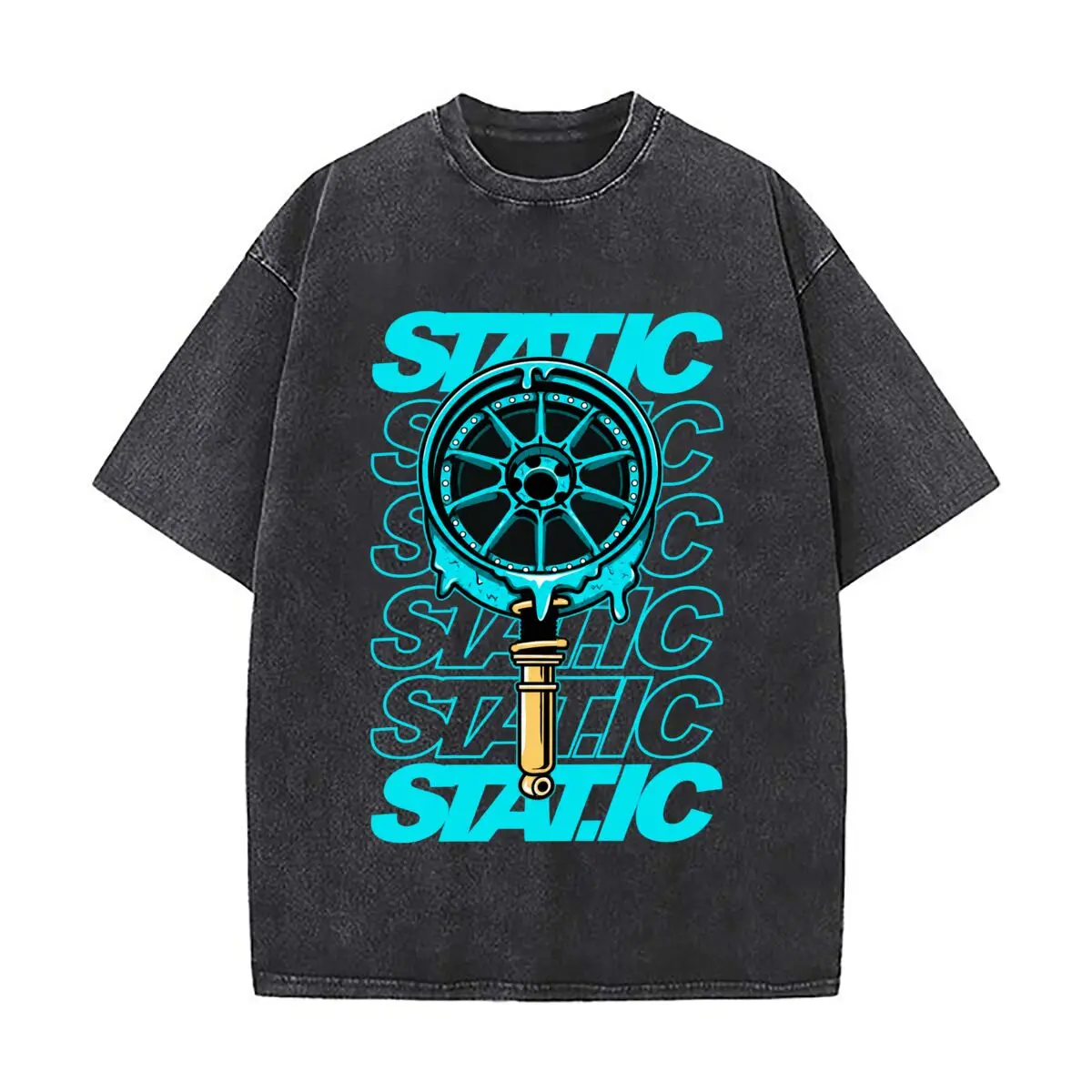 Static Wheel Rim Suspension Graphic Washed Distressed Loose Streetwear Tops for City Walks