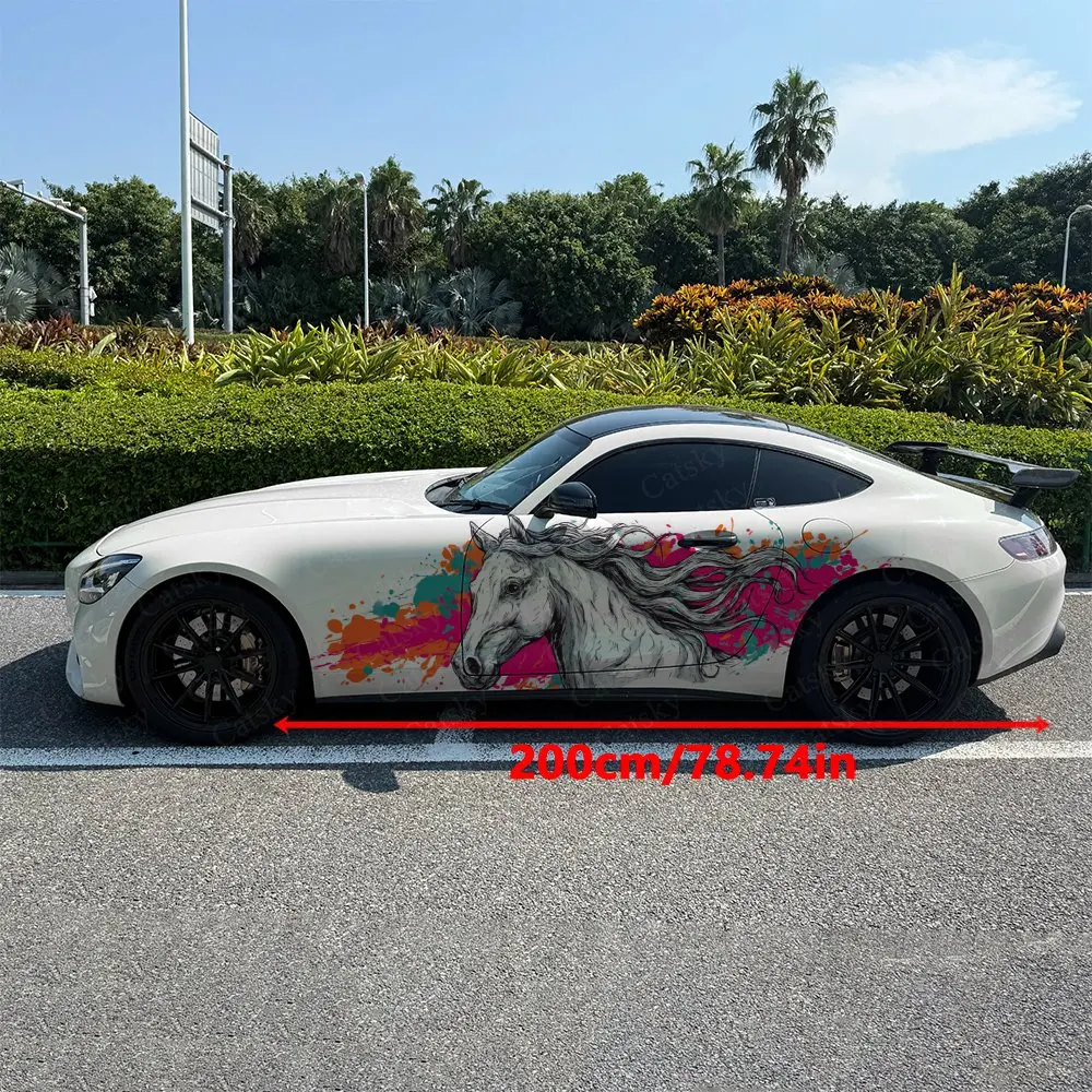 Colorful Background White Horse Car Sticker Full Body Decal Decoration Scratches Protect Car Sticker Waterproof Car Vinyl Wraps