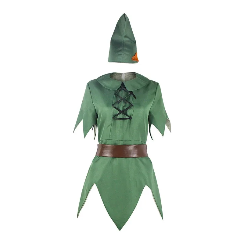 Peter Pan Costume Cosplay Film PeterPan Abito in stoffa da elfo verde con cappello Uniforme Costume di carnevale di Halloween per bambini adulti