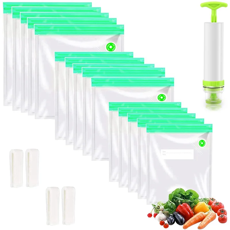 Green Sous Vide Bags 30 Pack Reusable Vacuum Food Storage Bags 1 Hand Pump,4 Sealing Clips