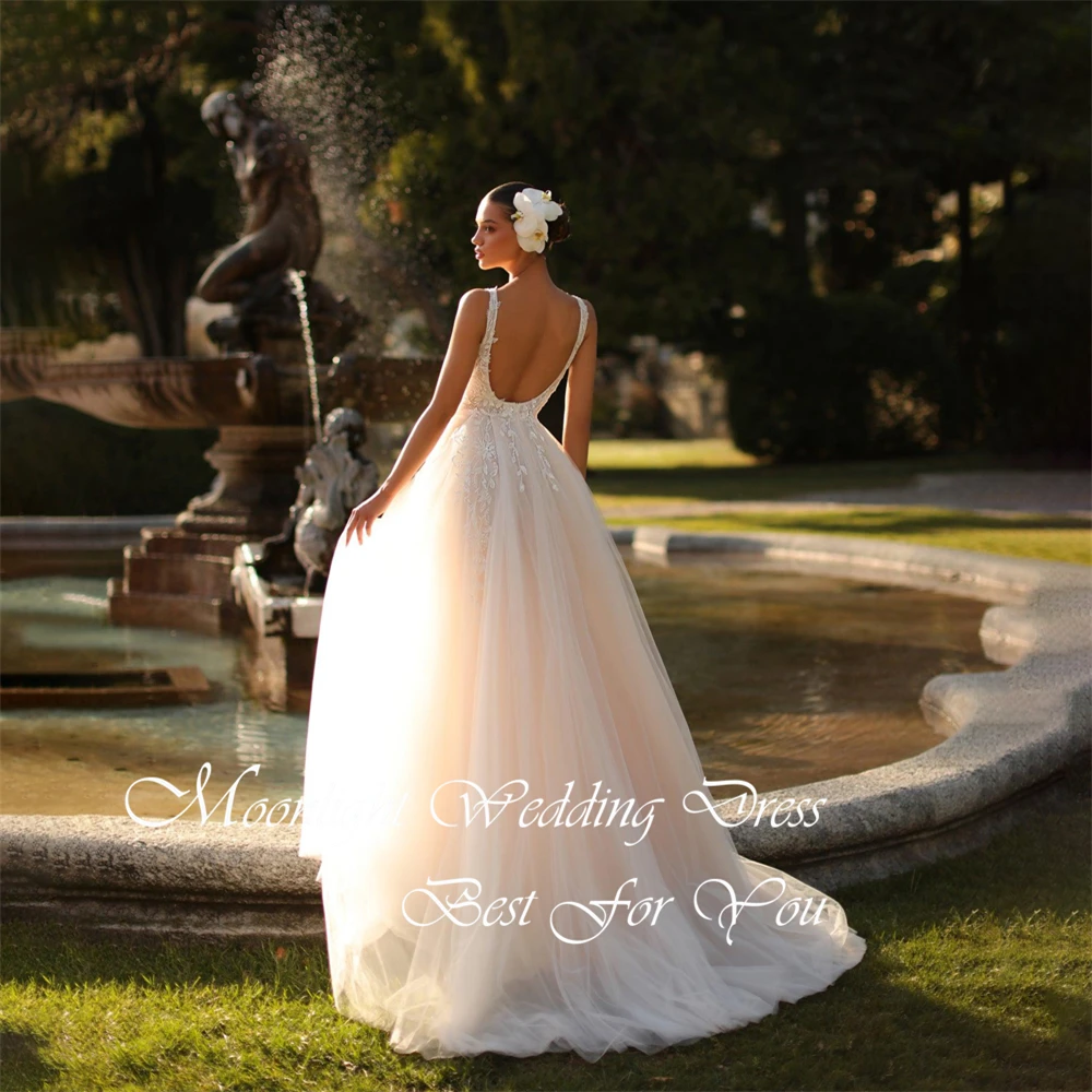 Sexy Kant A-lijn Trouwjurk Geappliceerd Hoge Kant Split Open Rug Spaghettibandjes V-hals Plooi Vestidos De Novia Aangepaste