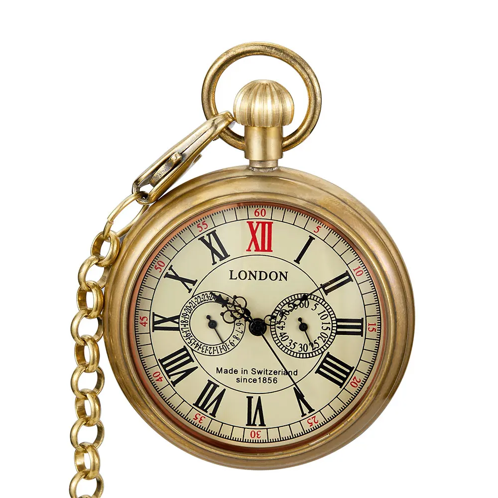 Vintage Copper Train London Design Handmade Mechanical Pocket Watch for Men