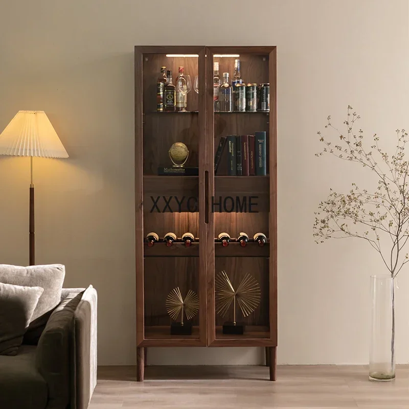 Black Walnut Double-Door Bookcase Clothes Closet Living Room Wine Cabinet Display Cabinet Glass Locker High Side Cabinet