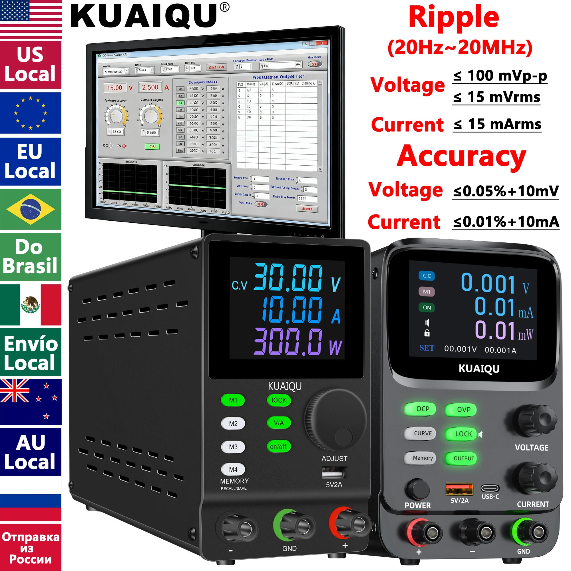 Alimentatore da Banco NICE-POWER, 30V 10A Programmabile con Manopola Encoder, Memoria e Interruttore di Uscita