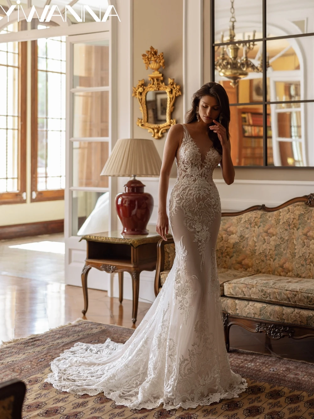 

Exquisite Beaded Appliques Long Wedding Dress Sexy Deep V-neck Backless Bridal GownCustomized Illusion Dresses For Bride