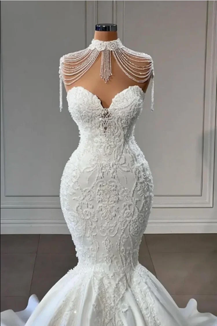 Personalizado mais novo borlas alta pescoço africano sereia vestidos de casamento robe de mariée trem varredura rendas vestidos de noiva vintage