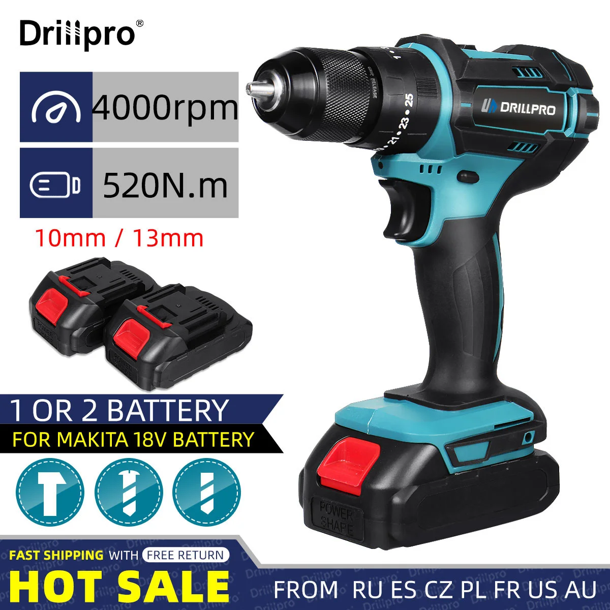 Drillpro Brushless Electric Drill Chave de Fenda sem Fio com Função Impact Corta Placas Metal Power 520n.m 10 mm