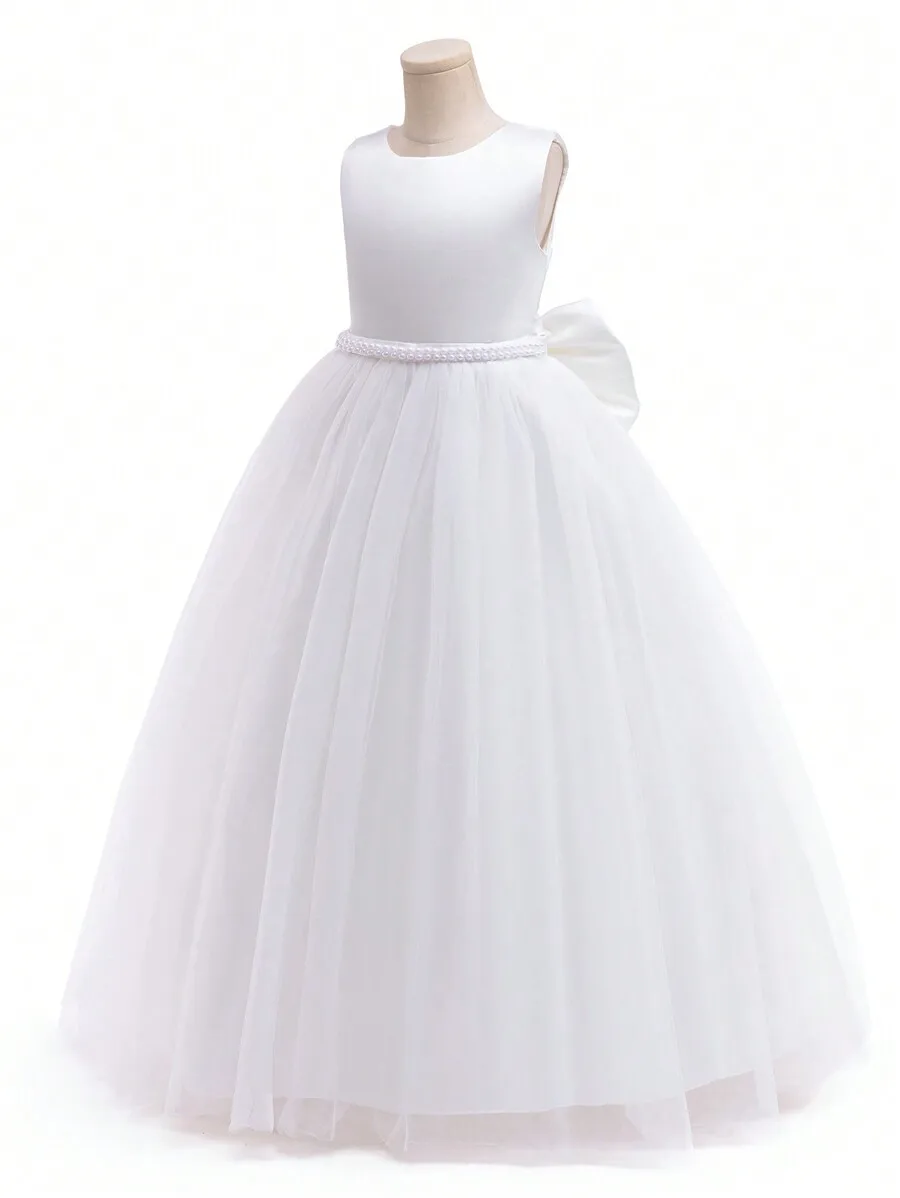 

White Faux Pearl Bow Tulle Maxi Dress Formal Evening Gown Ball Gown
