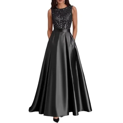 Abito da sera in raso senza maniche con scollo rotondo e corpetto di paillettes, linea ad A, lunghezza al pavimento, con tasche, per cerimonie, balli di fine anno e matrimoni