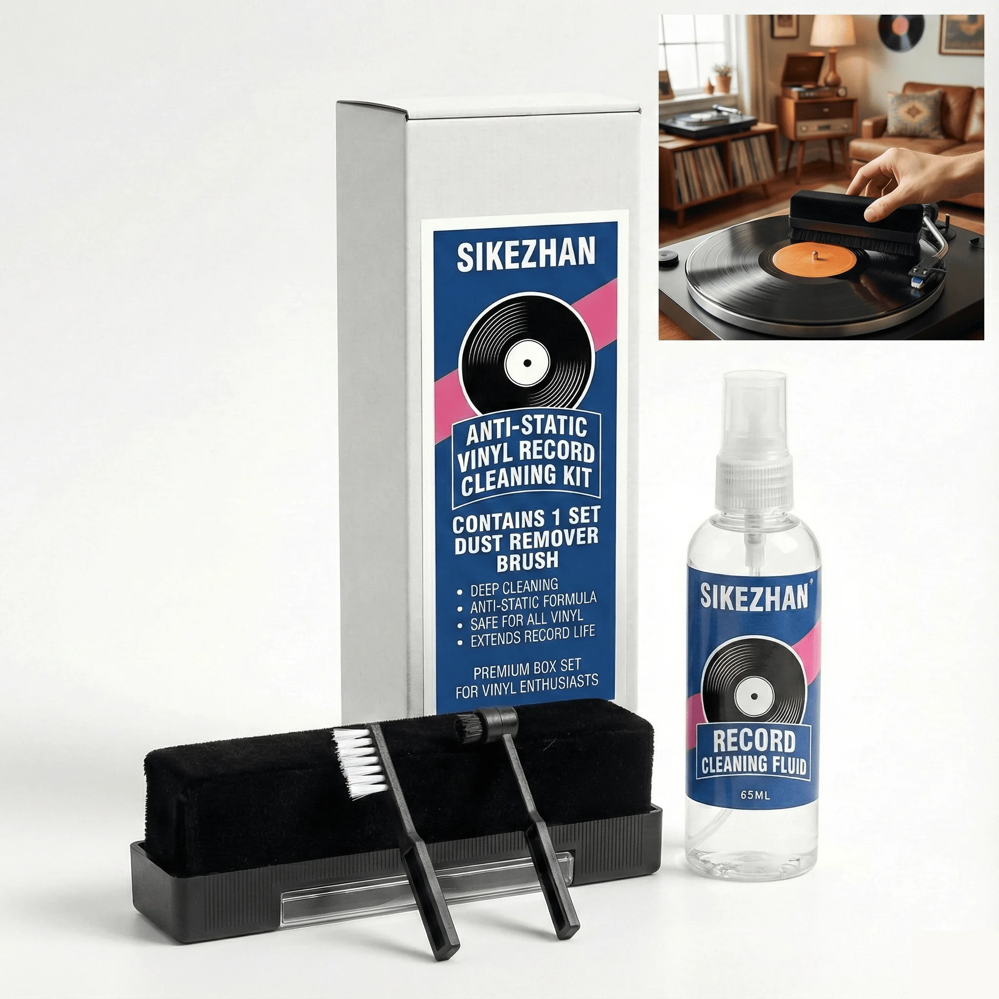 Kit de Limpieza SIKEZHAN con Spray de 65ml, Cepillo de Terciopelo Antiestático y Herramientas para Tocadiscos de Vinilo