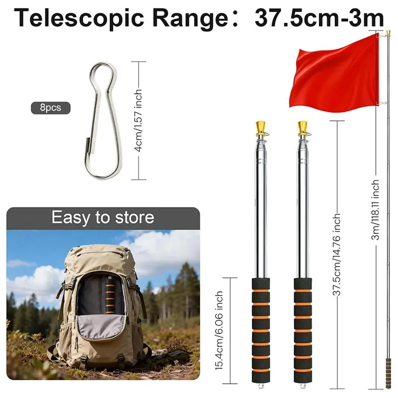 AB06 Handheld Retractable Flagstick 3 Meters Long, Telescopic Flag Pole With 4 Clips, Anti-Slip Handle For Camping Guide Events
