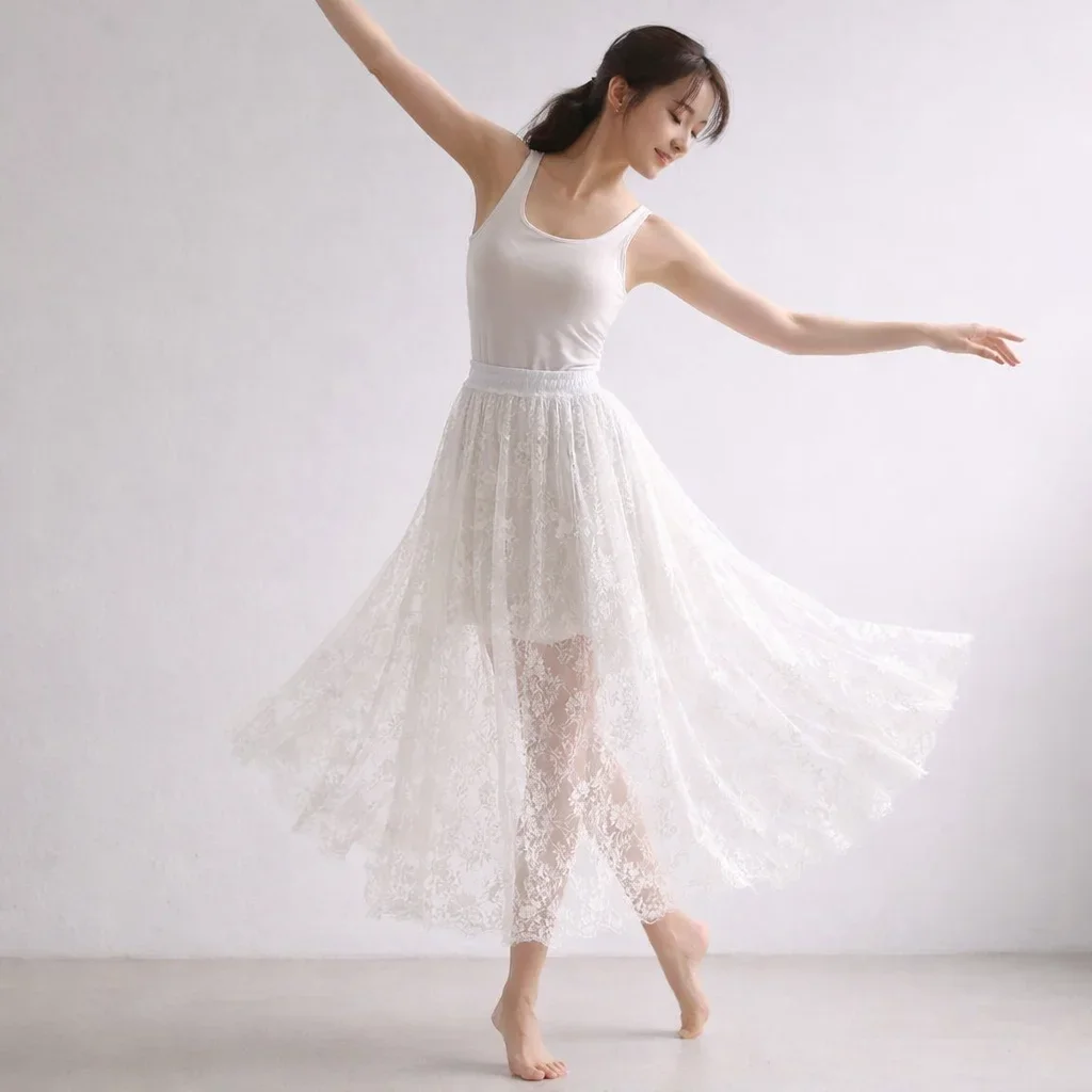 Soft Flower Lace Underskirt Slips 75cm Cheongsam Safety Skirt Petticoat Anti-glare Hight Waist Lining Petticoat Women Spring