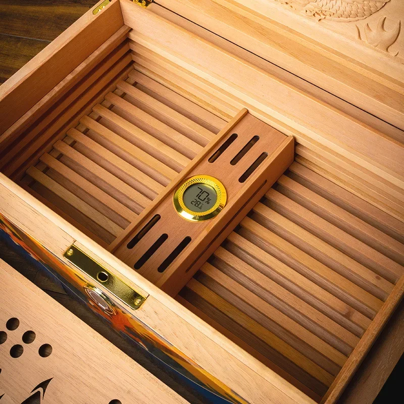 LUBINSKI Limited Edition het Jaar van de Loong Sigaar Humidor Box Vingerafdruk Slot Dubbel Cederhout Gesneden Patroon Sigarenkistje