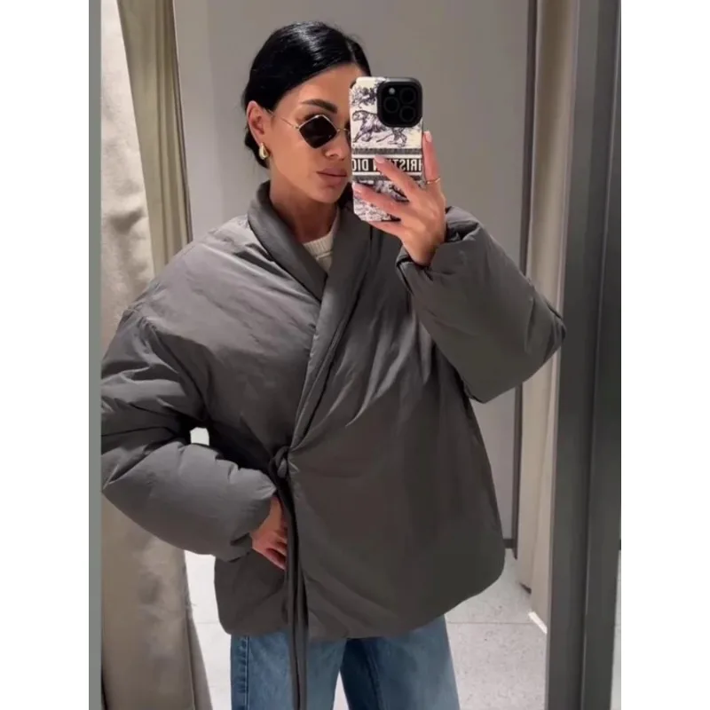 

Casual Gray Lace Up Coat Women Cotton V-neck Luxury Pocket 2025 Autumn Thick Jackets Female Chic Street All-match Outwear Tops