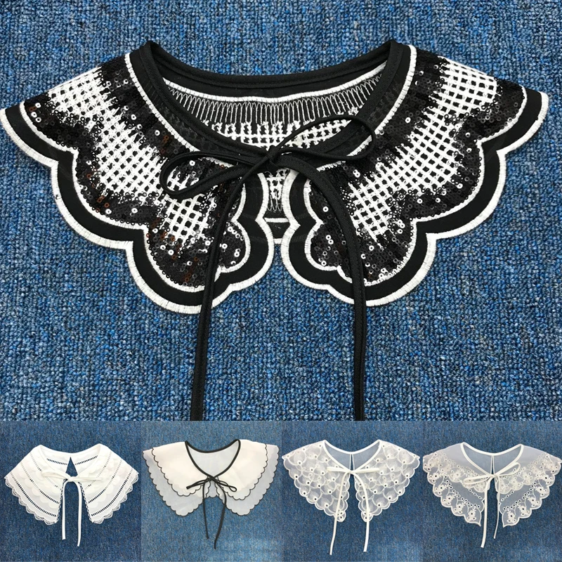 

1pcs Vintage Palace Style Women Lace Floral Print False Collar Hollow Out Crochet Lace Half Shirt Necklace Shawl Imitation Pearl