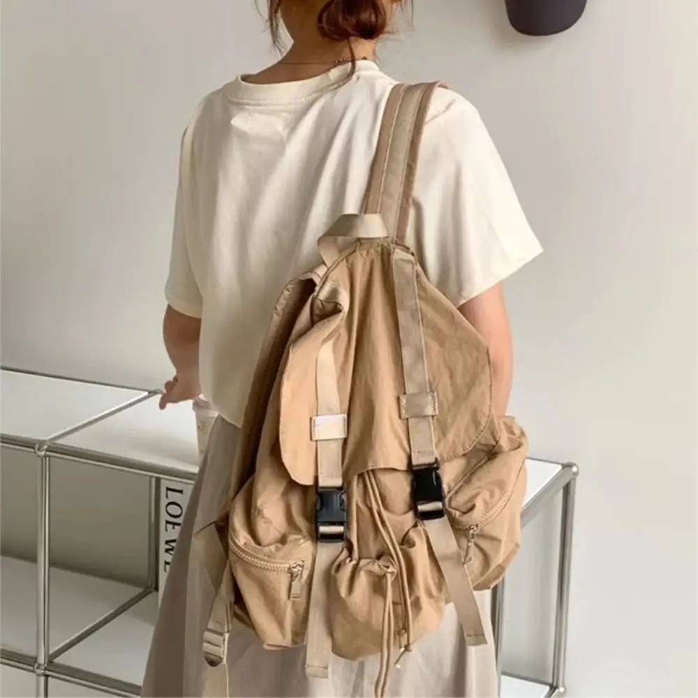 

Korean Solid Color Drawsting Backpacks Nylon Light Weight Ruched Shoulder Bags Large Capacity Casual Student Schoolbag Men Women