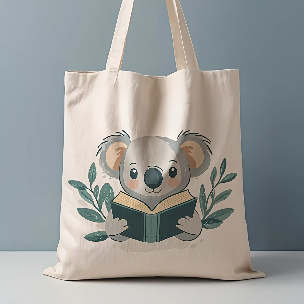 Double-Sided Print, Book Reading Koala Leaf Tote Bag, Cute Animal Reading Shoulder Bag, Book Lover Daily Handbag