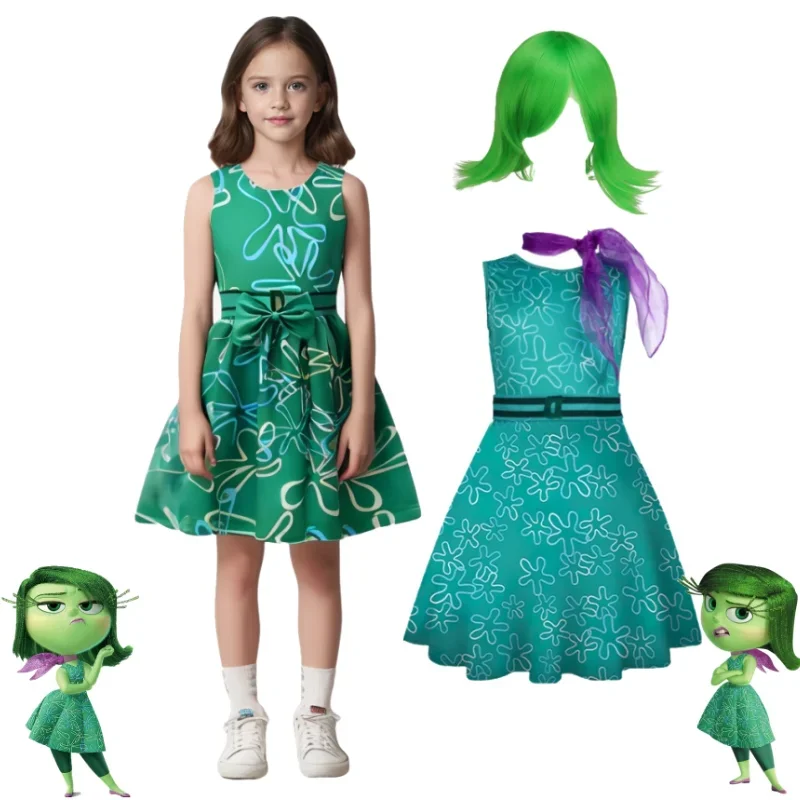 SN55Movie INSIDE OUT  Cosplay Costume Girl Wig + Scarf + Green Princess Dress 3 PCS Suit for Kids Perfect Birthday$@1w