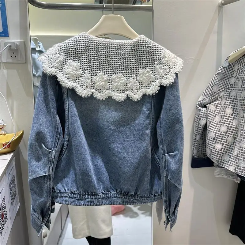 Women Spring Autumn New Korean Style Denim Jacket Doll Collar Lace Patchwork Fashionable Short Jacket Top
