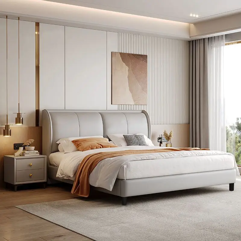 

Italian double bed, master bedroom, light luxury cat claw skin, modern simple small apartment