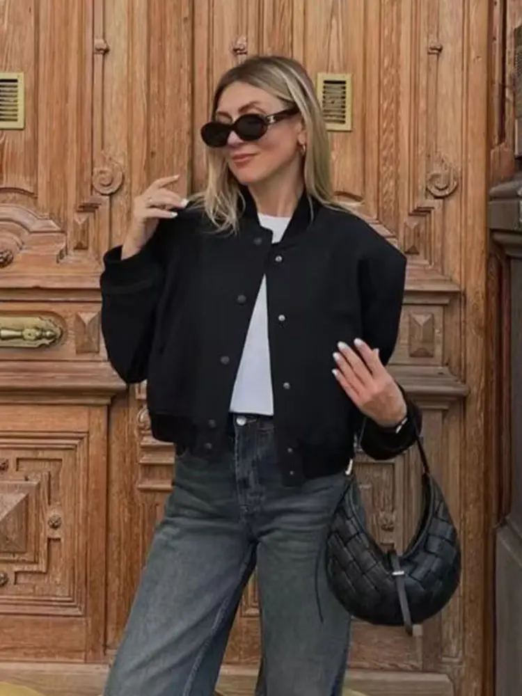 2024 Woman Solid Bomber Jacket Long Sleeves Loose Single Breasted Cardigan Female Commute Streetwear Women\'s New In Coat