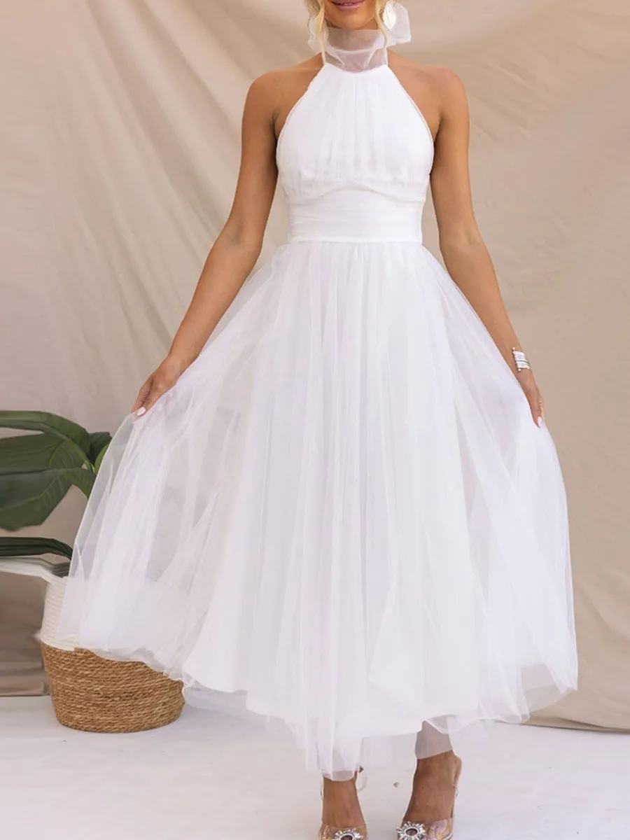 New Womens Backless Long Dress Adjustable Tie Halter Neck Tulle High Waist Solid Party Wedding Dress S-XL - Image 2