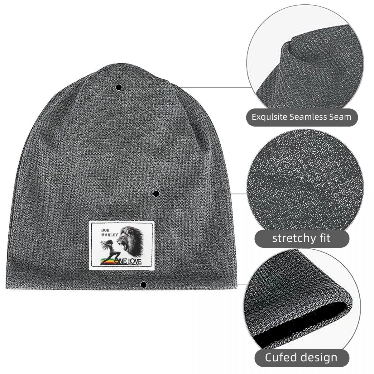 Jamaica Reggae Rock Bob Marley Waffle Knit Fleece Lined Beanie with PU Leather Patch Unisex Warm Winter Soft Cap