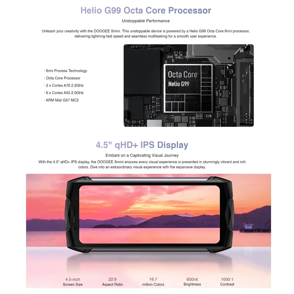 DOOGEE Smini смартфон с 5,5-дюймовым дисплеем, восьмиядерным процессором, ОЗУ 8 Гб, ПЗУ 4,5 ГБ, 256 мАч, Android 13