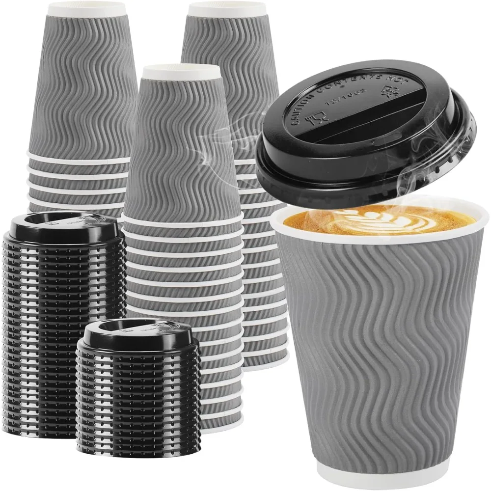 

500 Pack Coffee Cups with Lids 12oz, Disposable Insulated Ripple Wall To Go Paper Coffee Cups for Hot/Cold Drinks Office Home