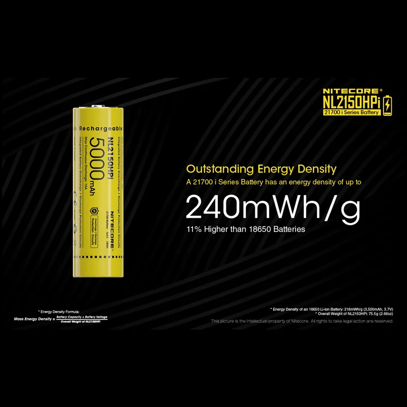 NITECORE NL2150HPi 21700 Battery 5000mAh 3.6V 18Wh max Continuous Discharge Current 15A Flashlight battery