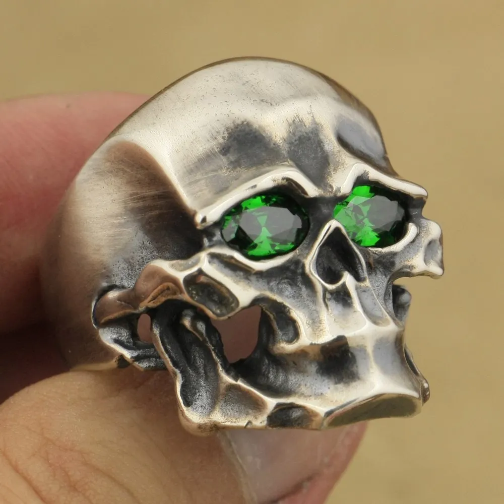 925 Sterling Silver Green CZ Eyes Skull Ring Biker Punk Jewelry TA45 US Size 7~15 BZ
