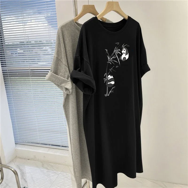 

Women Clothing Short Sleeve T-shirt Tunics Summer Casual Loose Straight Over the Knee Long Style Pullovers Cartoon Printed Tops