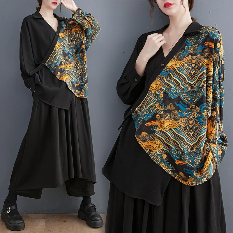 

Faionable Retro Print Patchwork irt Slimming Waist Design Versatile Korean Sle Long Sve V-Ne Bell Sve Top