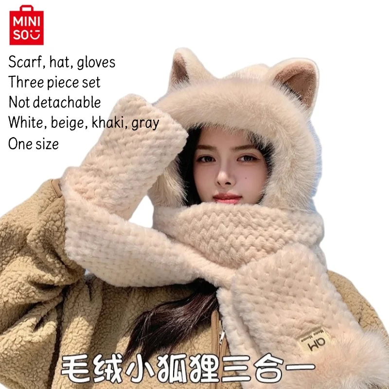 cute fox ear hat scarf gloves three piece set autumn and winter thick scarf integrated outdoor cycling windproof and cold proof