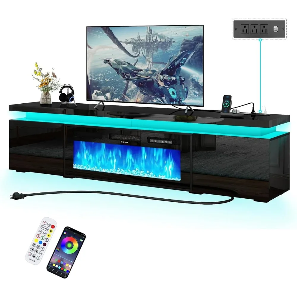 Soporte para TV con chimenea para 95 TV, soporte para TV de 83 LED con 40 chimenea eléctrica y toma de corriente, superficie de alto brillo, 2 gabinetes de almacenamiento,