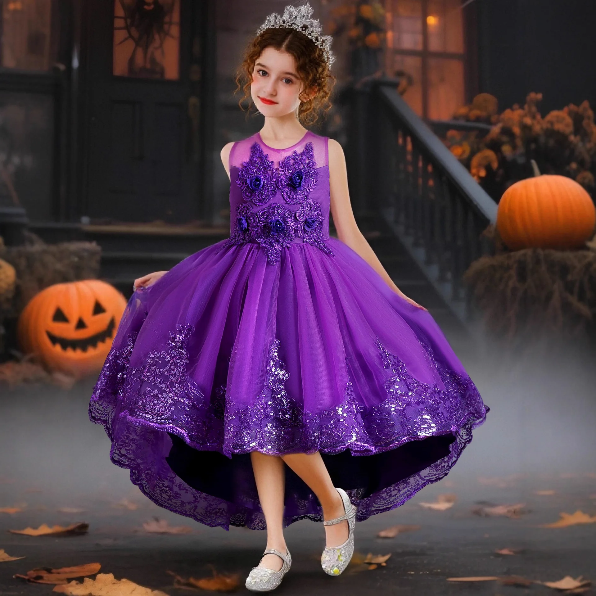 

Girls Sleeveless Flower Sequins Trailing Princess Dress For Children Halloween Wedding Birthday Party Christmas Pageant Gown