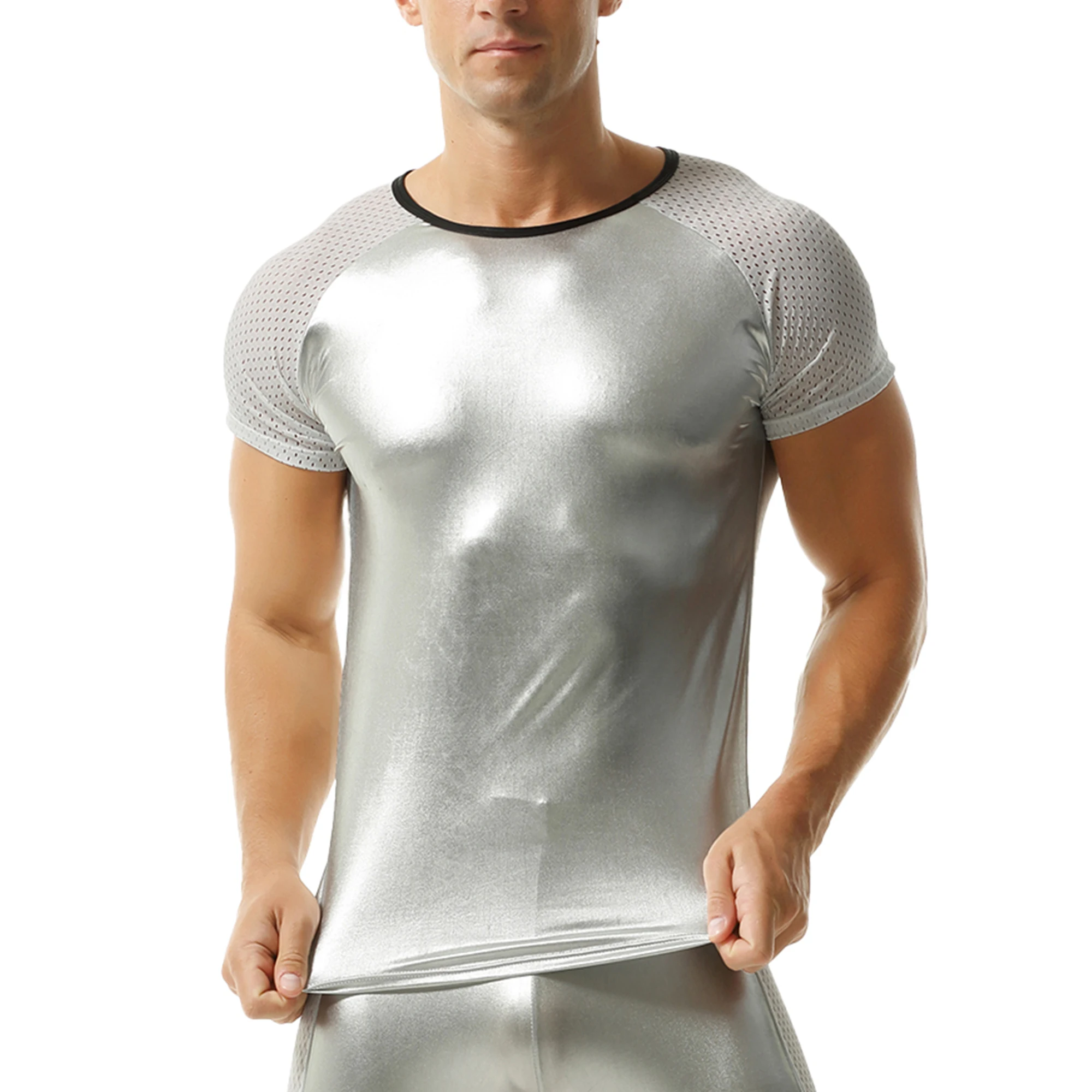 Men Splicing Mesh Breathable Undershirts Skinny Elastic Tops Shiny Faux Leather Short Sleeve Solid T-shirts Nightclub Dance Tees